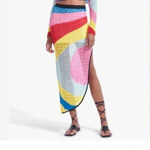 Staud Centre Rainbow Crochet Knit Asymmetric Linen Blend Midi Skirt